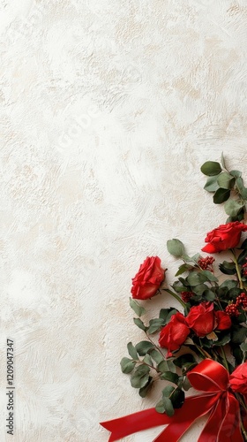 A bouquet of red roses with green foliage and a red ribbon, set against a light textured background.