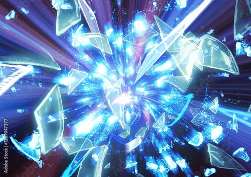 3d illustration of broken blue glass shards scattering on black background