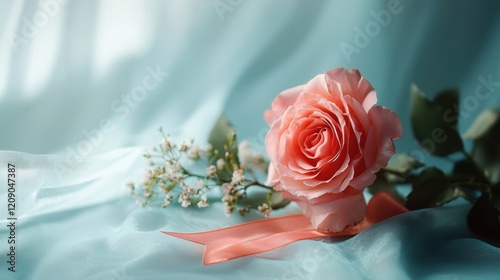 A delicate pink rose rests on soft fabric, accompanied by small flowers and a ribbon, creating an elegant and serene composition.