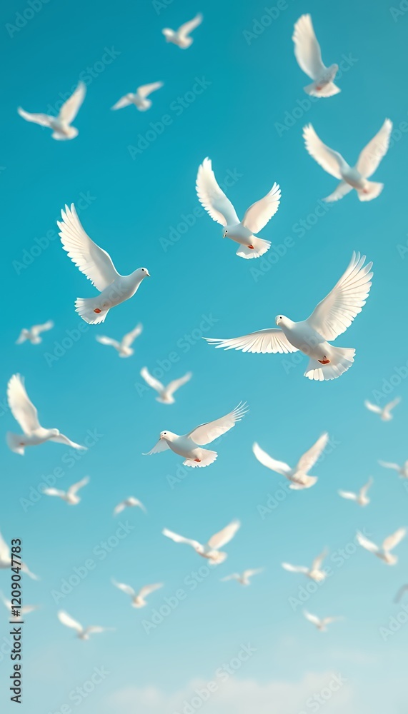 A Flock of White Doves Soaring in a Bright Blue Sky, Symbolizing Peace, Freedom, and Hope. The image features many white doves in flight against a vibrant blue sky, creating a sense of serenity, tranq A Flock of White Doves Soaring in a Bright Blue Sky, Symbolizing Peace, Freedom, and Hope. The image features many white doves in flight against a vibrant blue sky, creating a sense of serenity, tranq