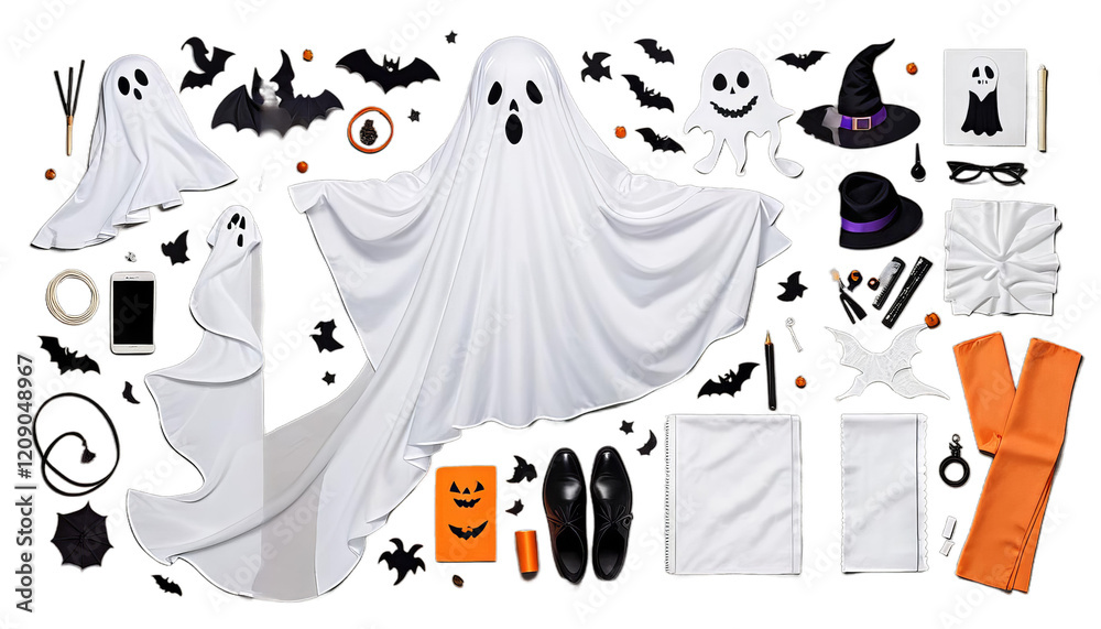 halloween illustration ghost costume fabric et set sheet white scarey fear evil death isolated daemon horror spirit creepy float soul dead background mysterious figure fright shadow