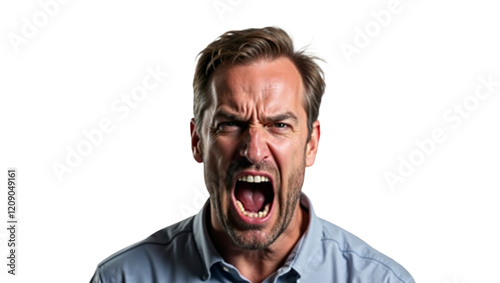 Close-up portrait of a man in his late thirties, expressing extreme anger and yelling, isolated on a clean white background