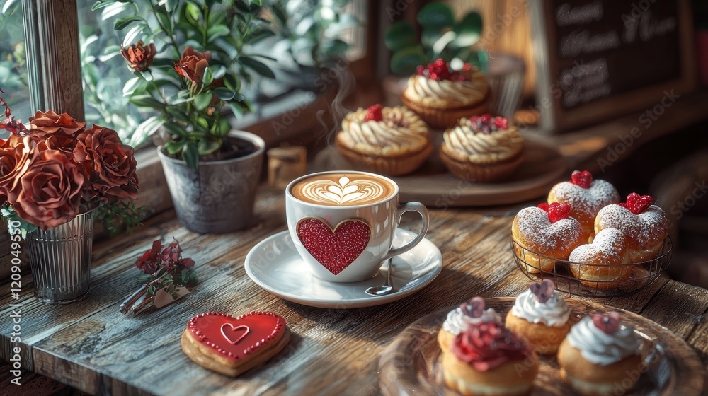 A cozy caf?(C) with heart-shaped latte art, Valentine's-themed pastries, and a warm, romantic vibe. A cozy caf?(C) with heart-shaped latte art, Valentine's-themed pastries, and a warm, romantic vibe.