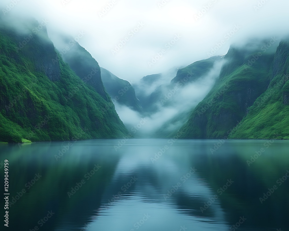 Misty fjord landscape with calm water reflecting mountains. Misty fjord landscape with calm water reflecting mountains.