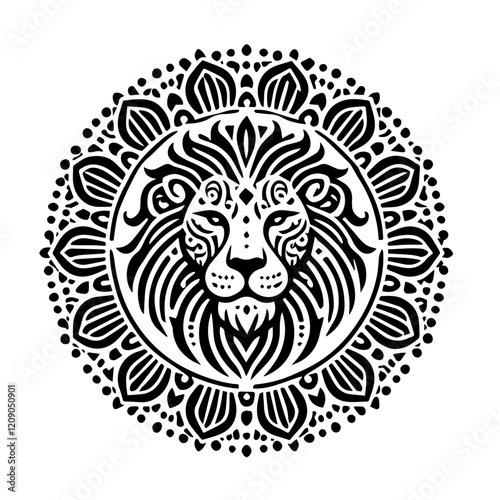 Lion Mandala: Majestic lion head encircled by an intricate mandala design.  A powerful symbol of strength, wisdom, and spiritual enlightenment. Black and white, high contrast graphic. 