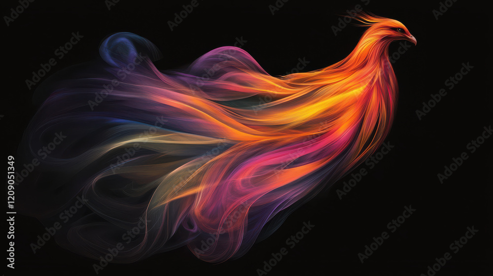 A minimalist but dynamic profile of a phoenix, its fiery feathers expressed through vivid swirling gradients of warm and cool tones, set against a pure black canvas. The glow of the colors creates a p A minimalist but dynamic profile of a phoenix, its fiery feathers expressed through vivid swirling gradients of warm and cool tones, set against a pure black canvas. The glow of the colors creates a p