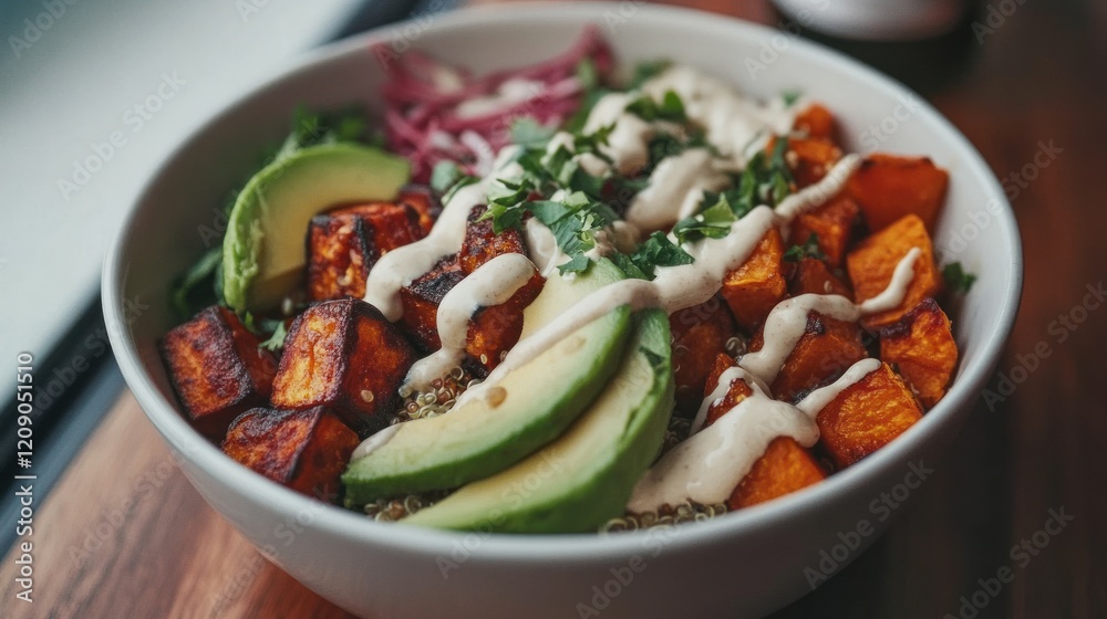 Delicious Roasted Sweet Potato Quinoa Bowl with Avocado and Creamy Sauce Delicious Roasted Sweet Potato Quinoa Bowl with Avocado and Creamy Sauce