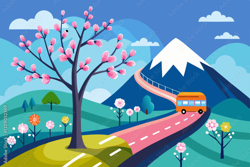 A beautiful hill , flower tree and a bus going on the road winter scenery veccor art illustration 