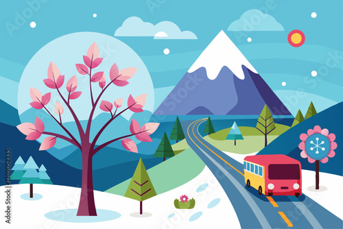 A beautiful hill , flower tree and a bus going on the road winter scenery veccor art illustration 