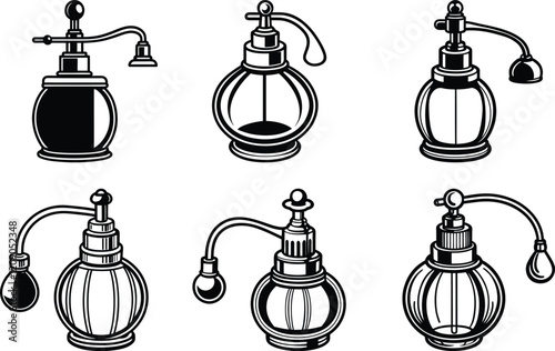 A classic perfume atomizer vector illustration, a classic perfume atomizer silhouette vector art, a classic perfume atomizer line art vector