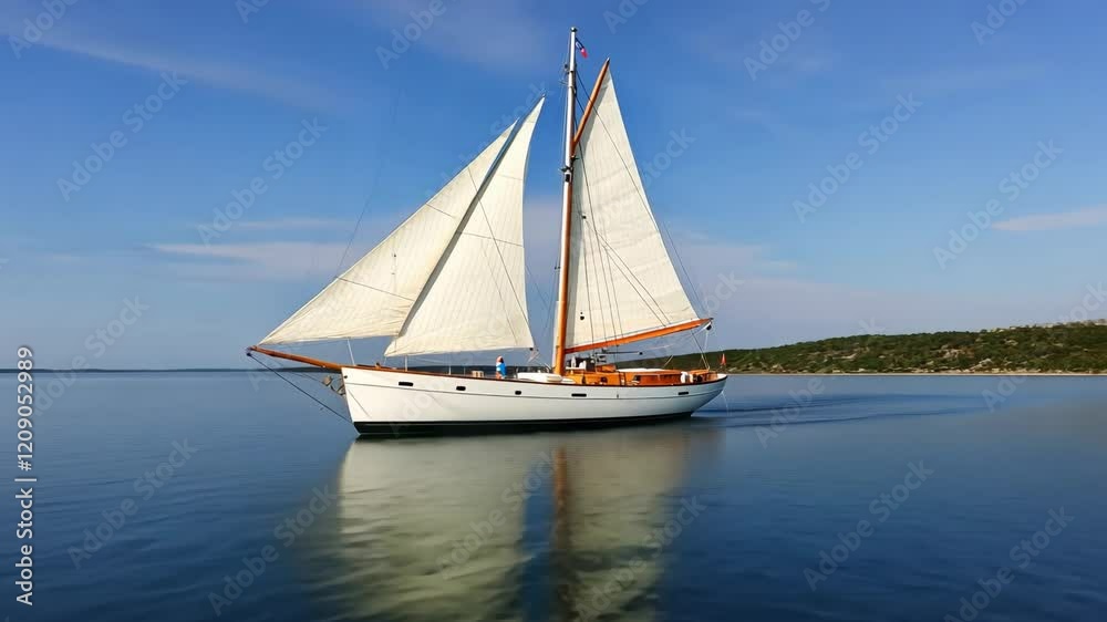 A wooden sailboat glides smoothly across tranquil waters, surrounded by a serene landscape and a bright sky