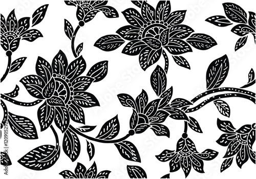 Indonesian Batik, exclusive floral motif, coloring applied to fabric, this technique originates from Indonesia. Batik is made by drawing dots and lines