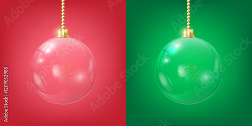 Christmas ornaments glass transparent balls empty inside. Realistic golden hanging metal with glass crystal sphere with glitter confetti ,Festive decoration objects. vector illustration