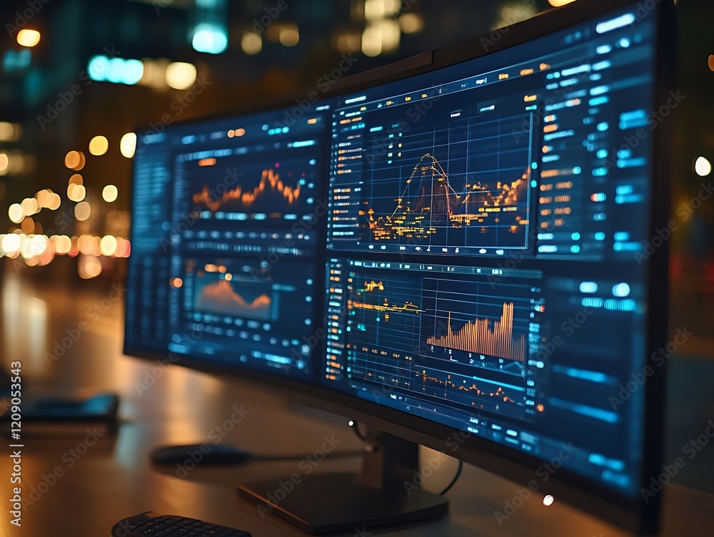 Night city view of dual monitors displaying stock market data. Night city view of dual monitors displaying stock market data.