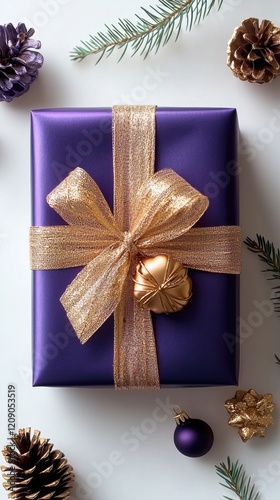 A beautifully wrapped purple gift adorned with a gold ribbon and bow, surrounded by pine cones and holiday decorations.