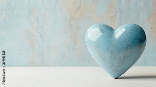 A smooth, blue ceramic heart sits on a light surface, creating a calming and serene aesthetic against a softly colored background.