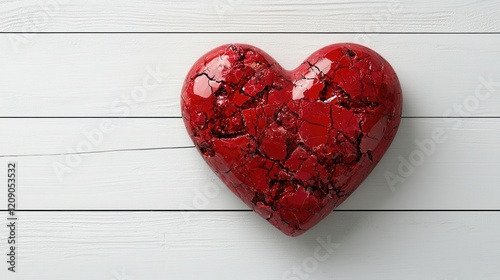 A glossy red heart sculpture rests on a white wooden surface, showcasing a textured, cracked design that adds depth and interest.