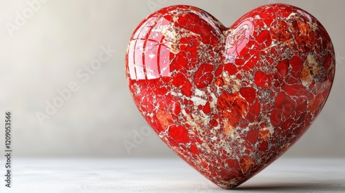 A polished red heart sculpture made of stone, showcasing beautiful patterns and textures, resting on a light surface.