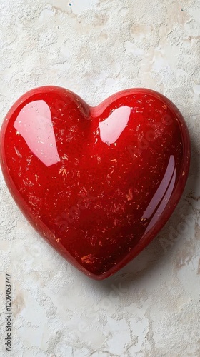 A shiny red heart-shaped object rests on a textured surface, reflecting light elegantly.
