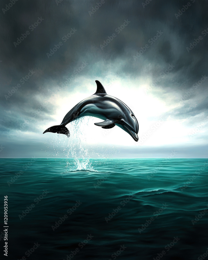 Fototapeta premium A magnificent dolphin leaps joyfully from the turquoise waters under a moody sky, showcasing the grace and beauty of marine life.