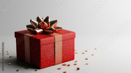 A beautifully wrapped red gift box with a decorative bow, surrounded by festive confetti, perfect for celebrations.