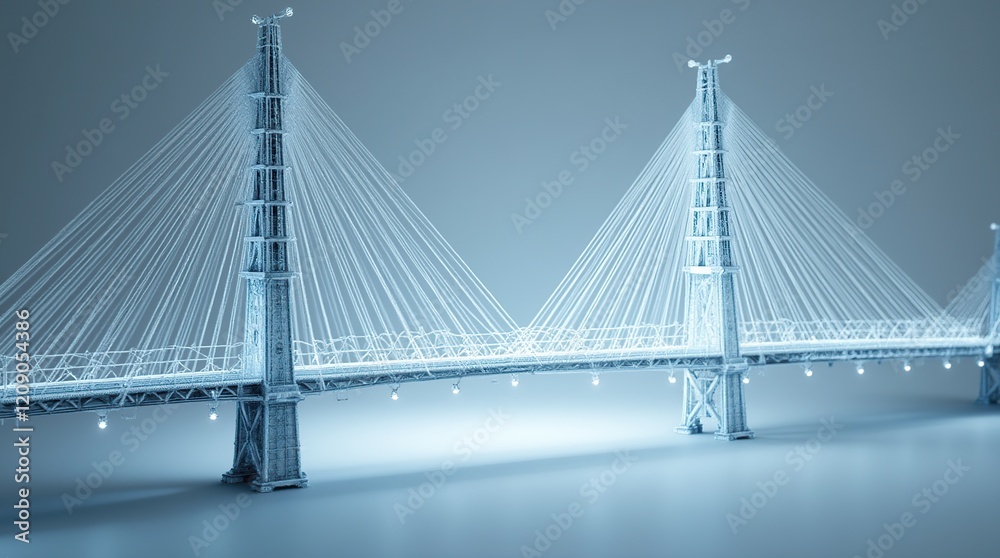Fototapeta premium Futuristic Suspension Bridge Illustrated as a Three-Dimensional Wireframe Render