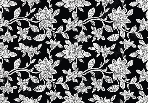 Indonesian Batik, exclusive floral motif, coloring applied to fabric, this technique originates from Indonesia. Batik is made by drawing dots and lines