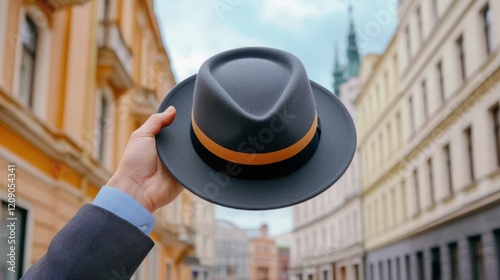 A man tipping or removing his hat as a polite and gallant gesture toward a woman