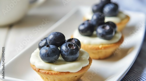 Three Delicious Blueberry Mini Tarts with Cream Cheese Filling on a White Rectangular Plate, Top-down View, Soft Lighting, Crisp Focus, Subtle Blue Cloth Background