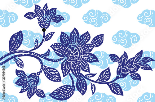 Indonesian Batik, exclusive floral motif, coloring applied to fabric, this technique originates from Indonesia. Batik is made by drawing dots and lines