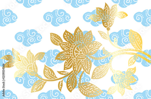 Indonesian Batik, exclusive floral motif, coloring applied to fabric, this technique originates from Indonesia. Batik is made by drawing dots and lines