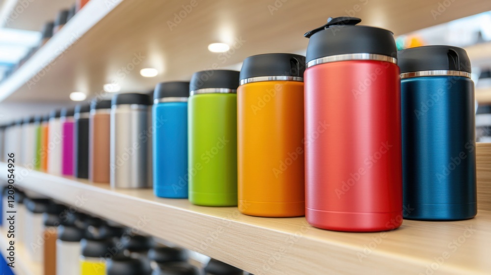 A variety of thermos cups displayed on a store shelf, with the focus on the products A variety of thermos cups displayed on a store shelf, with the focus on the products