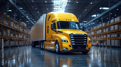 A fleet of sleek electric cars, semi-trucks, and delivery vans parked at a row of fast-charging stations in a bustling logistics hub