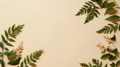 An assortment of colorful leaves and flowers elegantly displayed on a clean white surface, creating a visually pleasing natural composition. photo