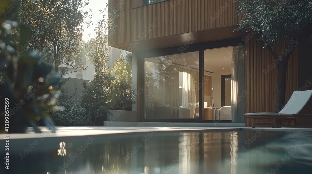 Fototapeta premium A serene backyard features a refreshing pool surrounded by lush greenery and a comfortable lounge chair for relaxation and enjoyment.