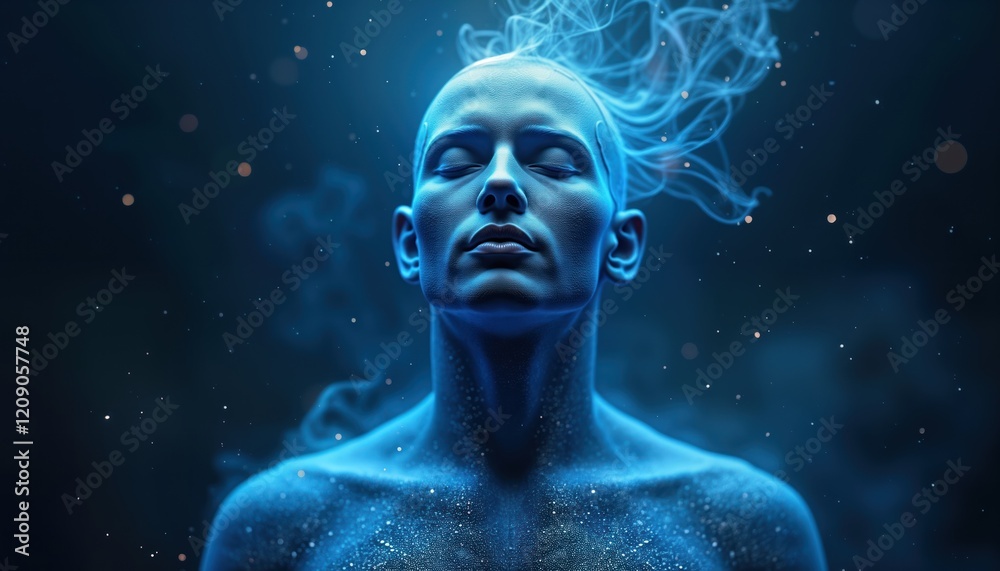 Person with closed eyes receives spiritual energy. Glowing blue energy surrounds body. Illustration shows tranquility, wellness. Blue light, particles flowing around person. Energy depicted in Person with closed eyes receives spiritual energy. Glowing blue energy surrounds body. Illustration shows tranquility, wellness. Blue light, particles flowing around person. Energy depicted in