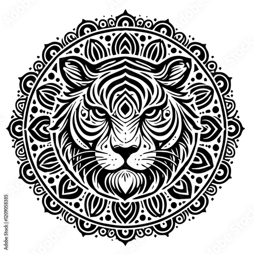 Mystical Tiger Mandala: A majestic tiger's face emerges from a intricate mandala, symbolizing strength, power, and spiritual connection.