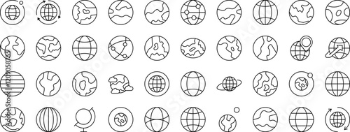 Pack of Globe and Planet Related Line Icons. Outline Signs for Graphic and Web Design, Apps, Adverts, Various Cards