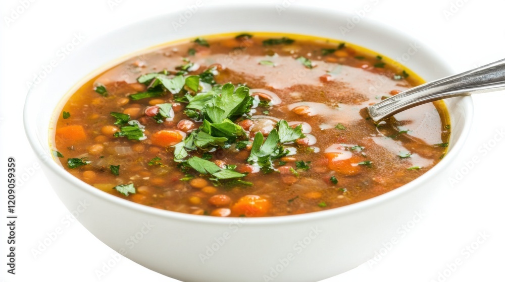 A bowl of hearty lentil soup garnished with chopped parsley and a drizzle of olive oil, Each spoonful filled with comforting and nutritious goodness A bowl of hearty lentil soup garnished with chopped parsley and a drizzle of olive oil, Each spoonful filled with comforting and nutritious goodness