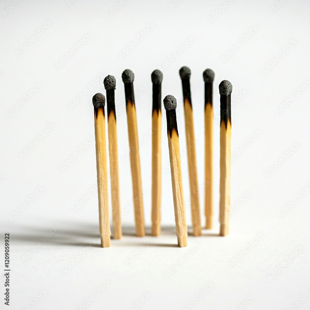 burnt wooden matchsticks standing up on a white surface burnt wooden matchsticks standing up on a white surface