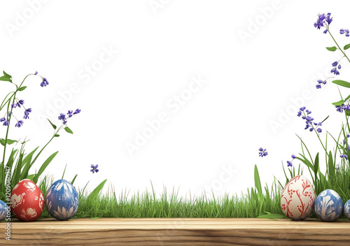 PNG Colorful Easter eggs on a wooden table grass colorful flowers. photo