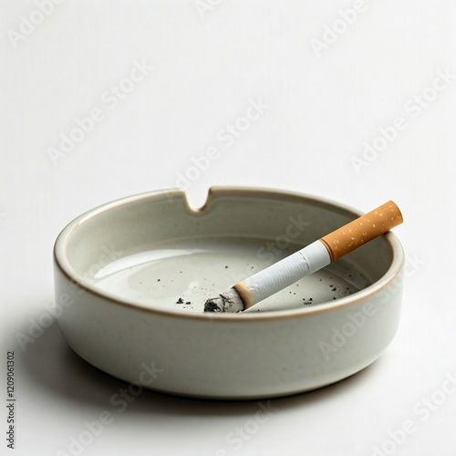 close up of white ceramic ashtray with extinguished cigarette