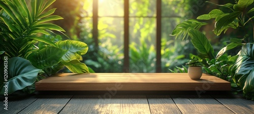 Minimalist Wooden Display Platform Surrounded by Green Leaves in Bright Light Soft Focus Background