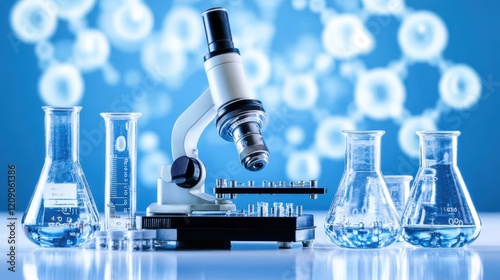 A detailed close-up of a microscope alongside several test tubes filled with vibrant blue liquid, highlighting a scientific exploration theme. photo