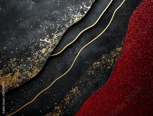 Elegant Black and Red Background with Gold Glitter and Wavy Lines - Made with Generative AI photo