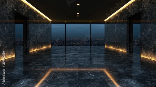 Luxurious city view office corridor, marble walls, night. Ideal for corporate presentations
