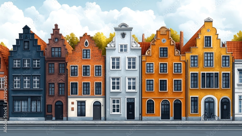 Fototapeta premium Colorful canal houses, city street, autumn, travel poster