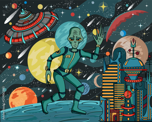 Colorful vector illustration with friendly alien, retro futuristic city, UFO and objects against space background with planets and stars, science fiction concept