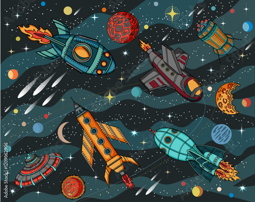 Colorful vector illustration of ships, rockets and satellites against retro future space universe with planets and stars, science fiction concept