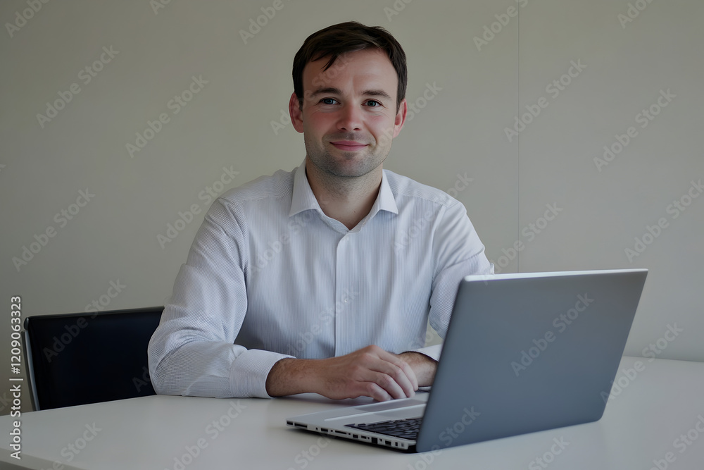 Confident Professional: A young, approachable businessman confidently working on his laptop, conveying competence and professionalism. Confident Professional: A young, approachable businessman confidently working on his laptop, conveying competence and professionalism.